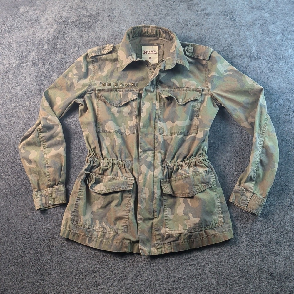Vintage Y2K Mudd Studded Camo Army Jacket Medium Mall Prep Punk Cyber Goth Rave